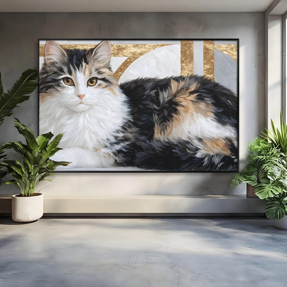 Tablou canvas cu tablou canvas cu pisica calico si accente aurii, in rama de aluminiu negru